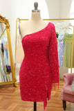 Fuchsia One Shoulder Sequined Tight Homecoming Dress with Fringes