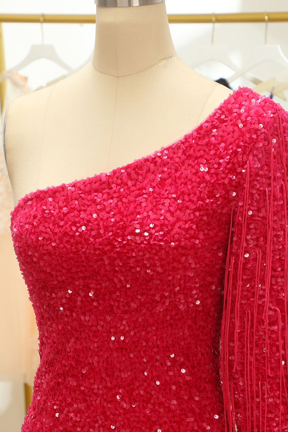 Fuchsia One Shoulder Sequined Tight Homecoming Dress with Fringes