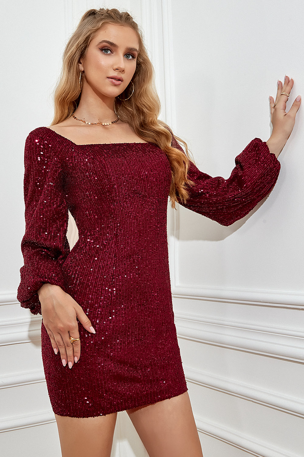 Burgundy Tight Sequins Homecoming Dress with Sleeves