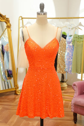 Sequined Orange Lace-Up Homecoming Dress