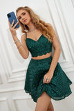 Two Piece Dark Green Halter Sequins Homecoming Dress