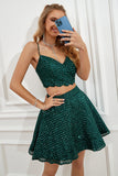 Two Piece Dark Green Halter Sequins Homecoming Dress