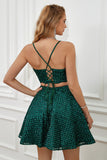 Two Piece Dark Green Halter Sequins Homecoming Dress