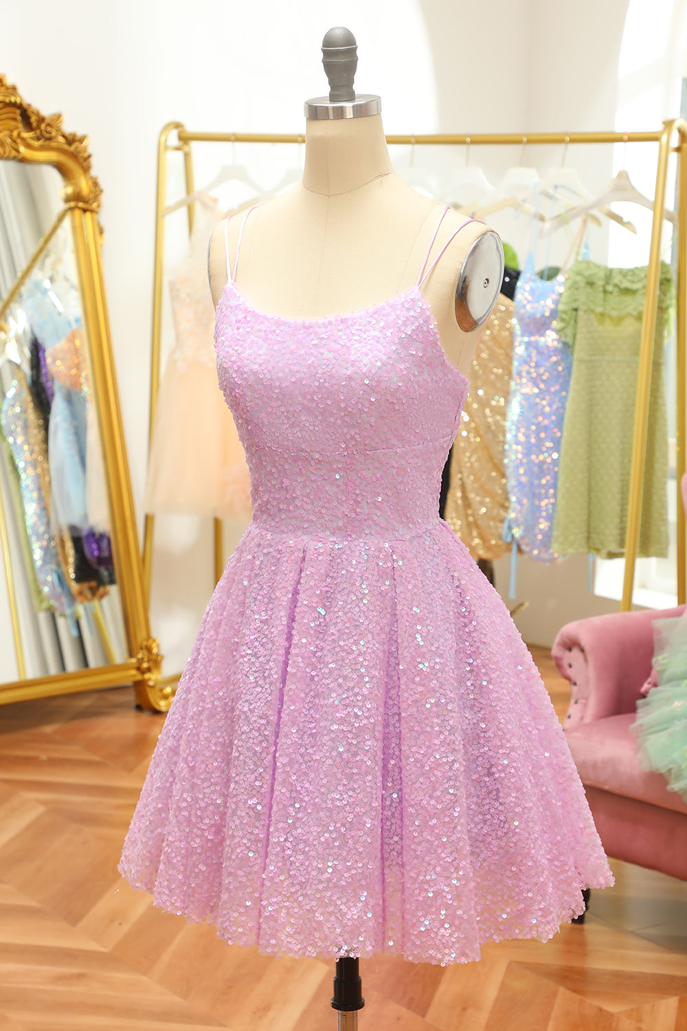 Lilac Sequins A-Line Lace-Up Homecoming Dress