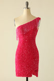 Hot Pink One Shoulder Sequin Homecoming Dress