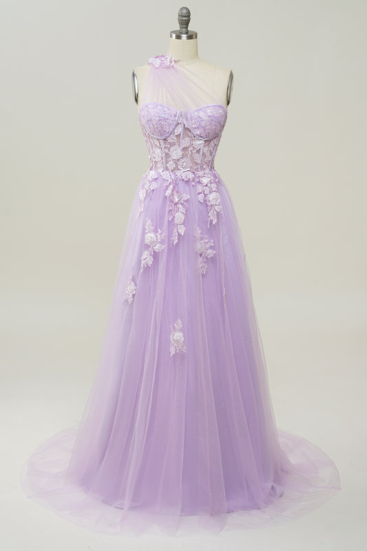 A Line One Shoulder Purple Long Prom Dress with Appliques