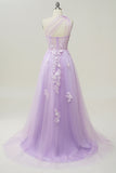A Line One Shoulder Purple Long Prom Dress with Appliques