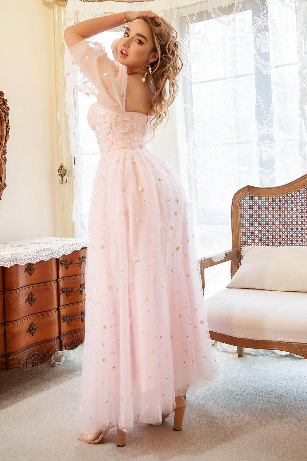 Blush A-Line Tulle Shot Sleeve Prom Dress