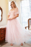 Blush A-Line Tulle Shot Sleeve Prom Dress