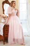Blush A-Line Tulle Shot Sleeve Prom Dress