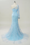 One-Shoulder Sky Blue Mermaid Prom Dress