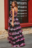 Princess A Line Off the Shoulder Black Pink Long Prom Dress with Tiered Lace
