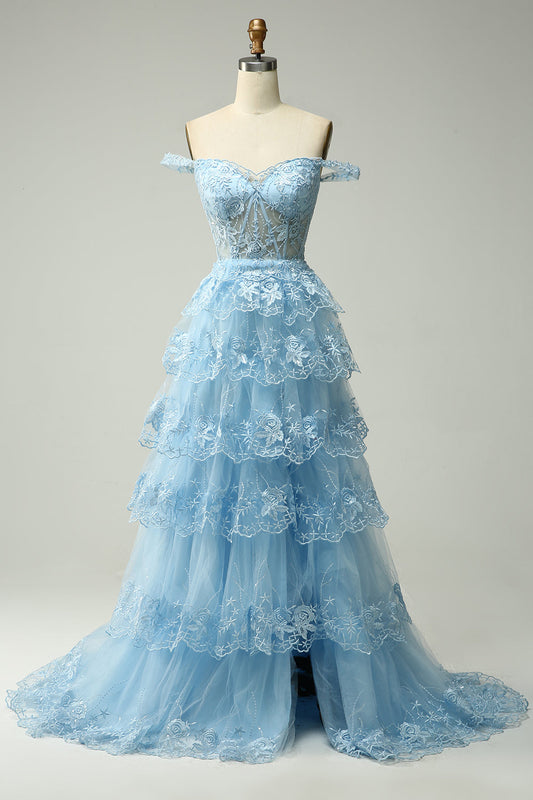 Blue Off The Shoulder Tiered Prom Dress