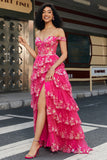 Trendy A Line Off the Shoulder Fuchsia Corset Prom Dress with Split Front