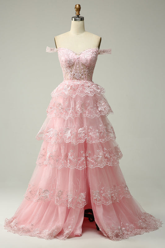 Pink Off The Shoulder Tiered Prom Dress
