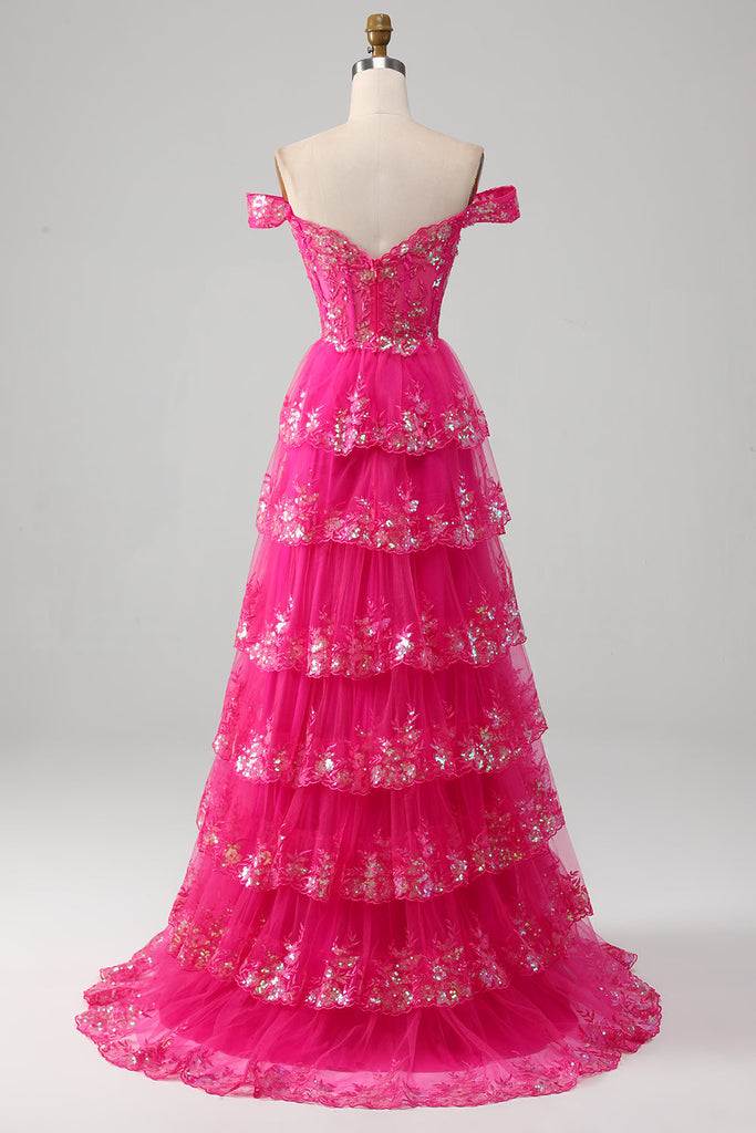 Zapakasa Women Sparkly Black Pink Tiered Lace A-Line Long Prom Dress