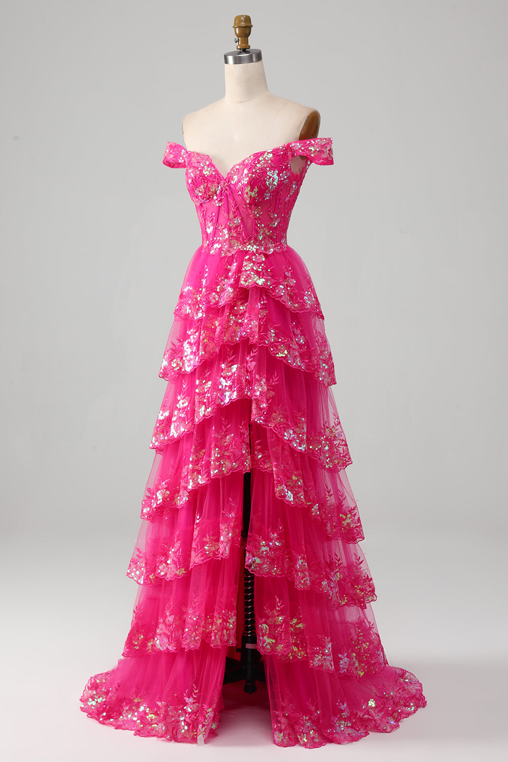 fuchsia prom dress Primavera Couture 3754 Size 4 Sequins V Neckline Evening Gown Backless Slit Train Tulle Color A Line V Neck Layered