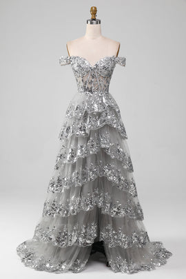 Off the Shoulder Grey Sparkly Tiered Prom Dress with Slit