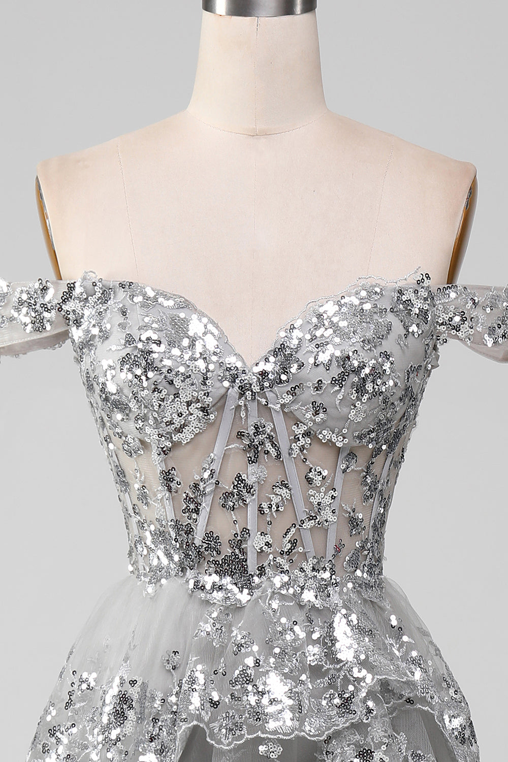 Zapakasa Women Off the Shoulder Prom Dress Grey Sparkly Tiered Party Dress with Slit Zapakasa Women Off the Shoulder Prom Dress Grey Sparkly Tiered Party Dress with Slit