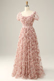 Ivory Red Flower Square Neck Prom Dress