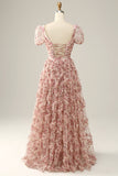 Ivory Red Flower Square Neck Prom Dress