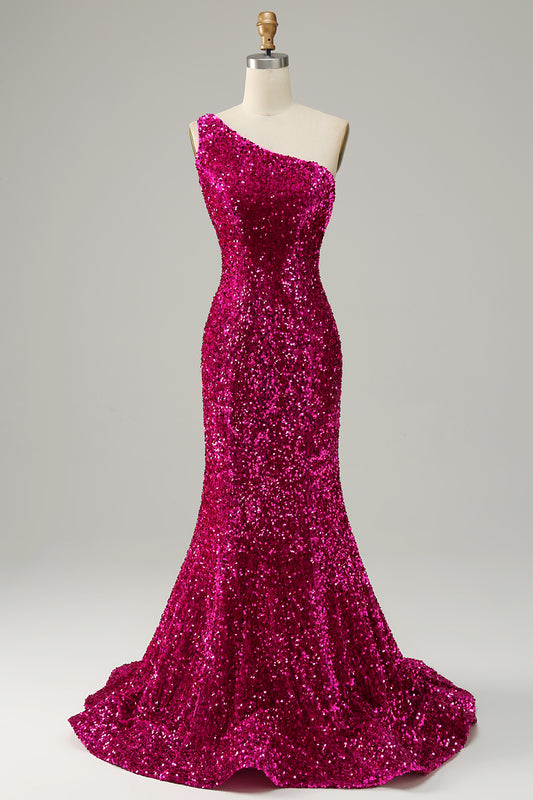 Mermaid One Shoulder Open Back Fuchsia Prom Dress