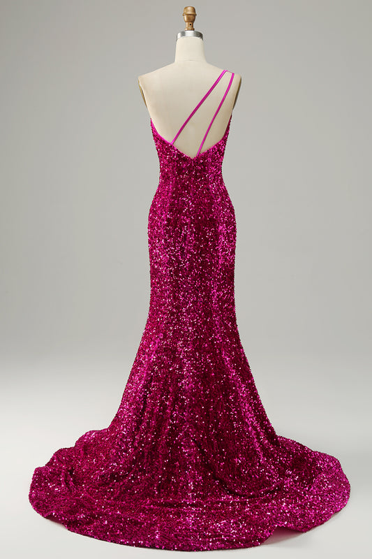 Mermaid One Shoulder Open Back Fuchsia Prom Dress