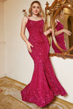 Sequins Fuchisa Spaghetti Straps Mermaid Prom Dress With Criss Cross Back