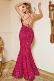 Sequins Fuchisa Spaghetti Straps Mermaid Prom Dress With Criss Cross Back