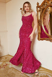 Sequins Fuchisa Spaghetti Straps Mermaid Prom Dress With Criss Cross Back