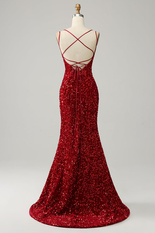 Red Sparkly Mermaid Backless Long Prom Dress with Fringes