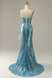 Sky Blue Sweetheart Sequined Mermaid Prom Dress With Feathers
