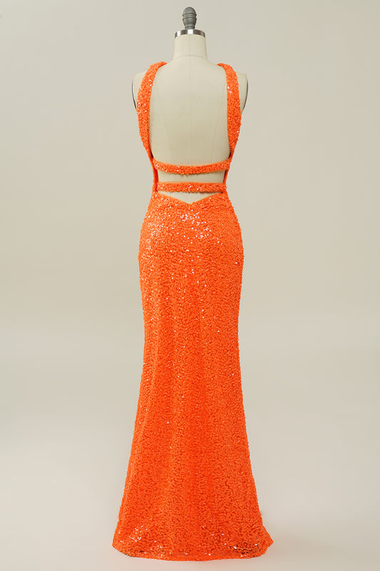 Sequins Orange Cross Neck Prom Dress