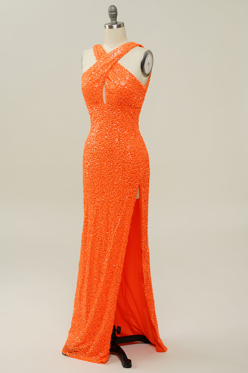 Zapakasa Women Sequins Orange Prom Dress Long Cross Neck Party Dress with slit Zapakasa Women Sequins Orange Prom Dress Long Cross Neck Party Dress with slit