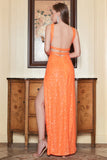 Orange Sequins Halter Prom Dress With Slit