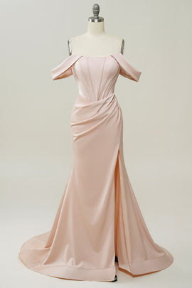 Off-the-Shoulder Blush Slit Prom Dress