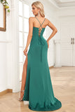 Mermaid Spaghetti Straps Dark Green Wedding Guest Dress with Slit