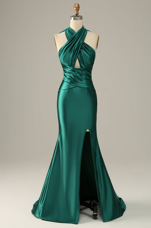 Dark Green Halter Lace Up Mermaid Prom Dresses With Slit