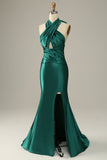 Dark Green Halter Lace Up Mermaid Prom Dresses With Slit