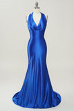 Royal Blue Halter Neck Long Prom Dress