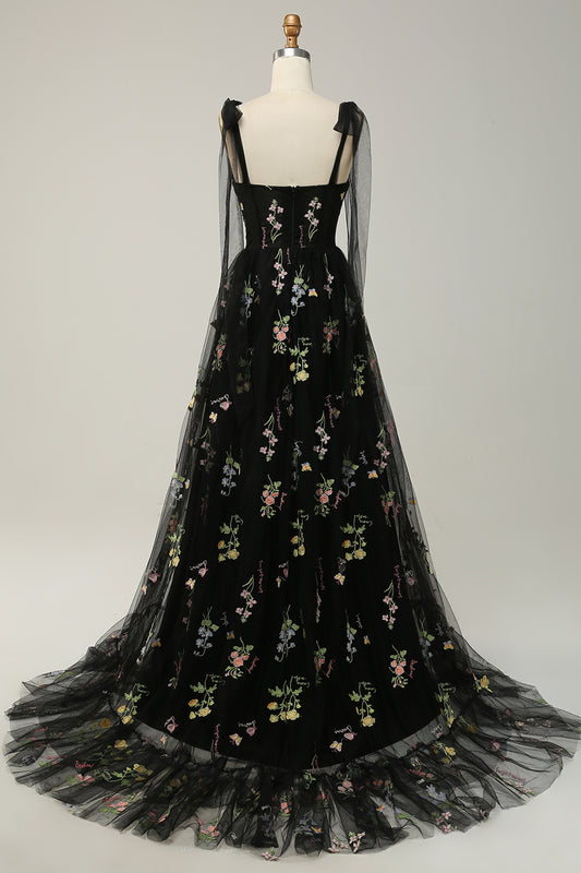 Black Embroidery Corset Long Prom Dress