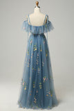 A-Line V-Neck Spaghetti Straps Embroidery Grey Blue Slit Prom Dress