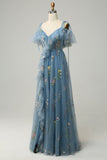 A-Line V-Neck Spaghetti Straps Embroidery Grey Blue Slit Prom Dress