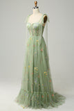 Green Embroidery Corset Long Prom Dress