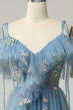 A-Line V-Neck Spaghetti Straps Embroidery Grey Blue Slit Prom Dress