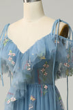 A-Line V-Neck Spaghetti Straps Embroidery Grey Blue Slit Prom Dress