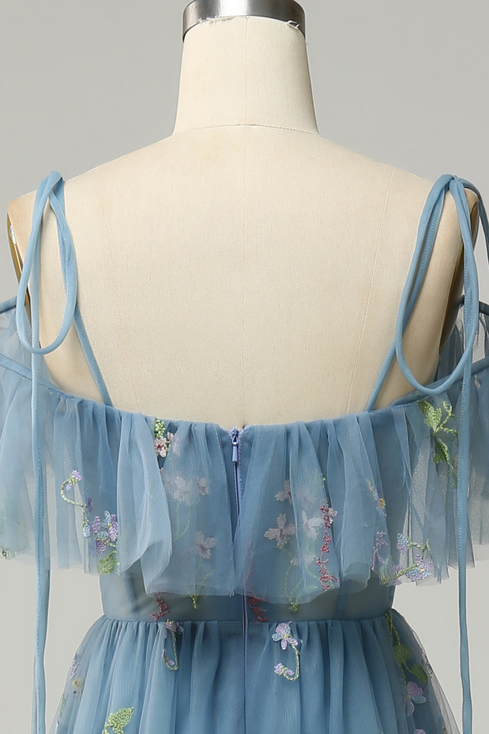 A-Line V-Neck Spaghetti Straps Embroidery Grey Blue Slit Prom Dress