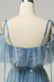 A-Line V-Neck Spaghetti Straps Embroidery Grey Blue Slit Prom Dress