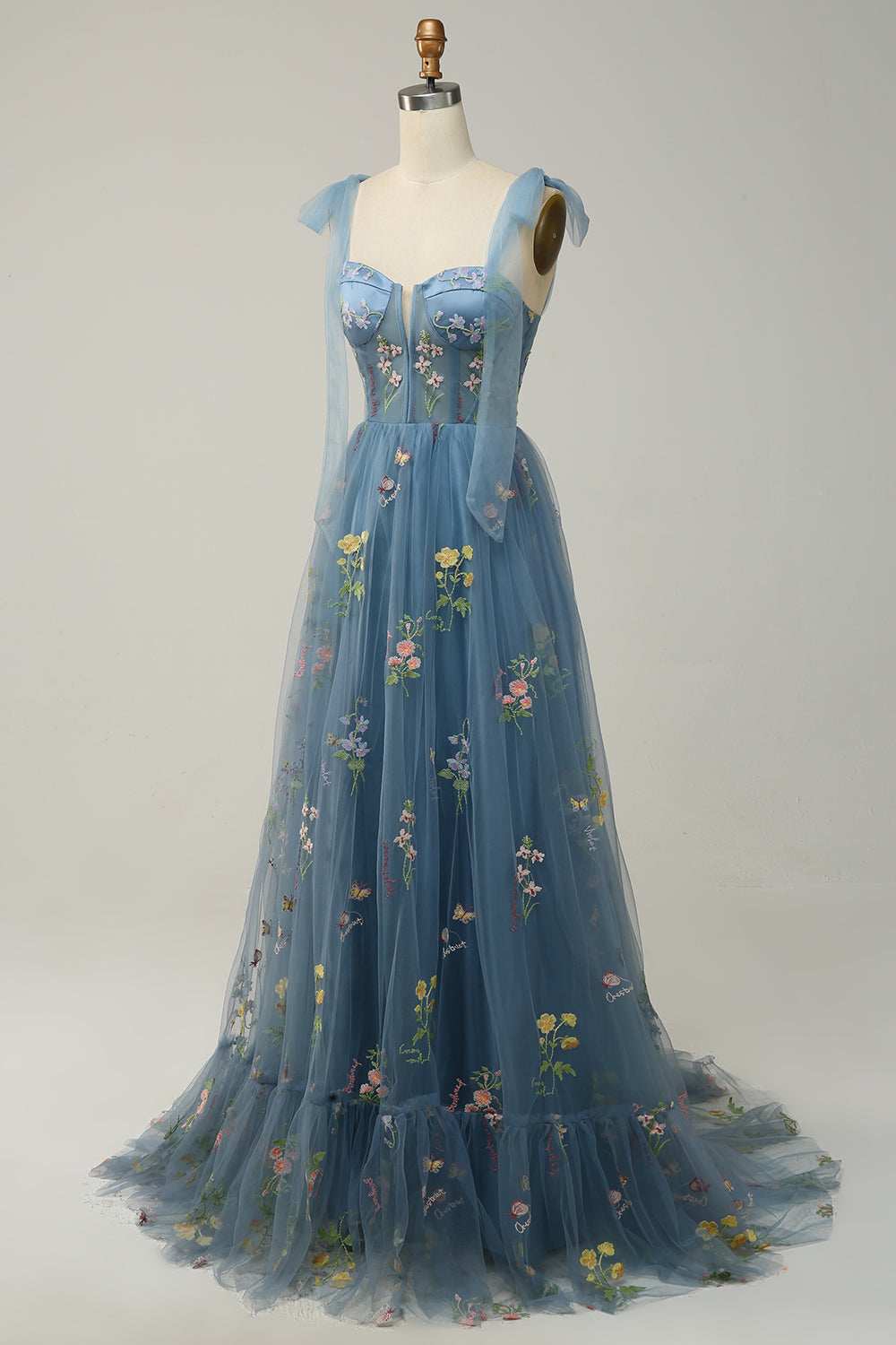 Zapakasa Women Grey Blue Embroidery Corset Long Prom Dress A-Line Formal Party Dress