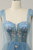Grey Blue Embroidery Corset Long Prom Dress